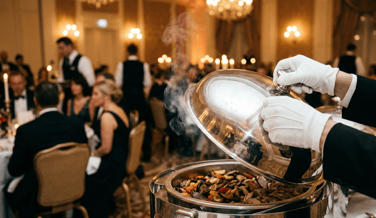 White-gloved server lifting a silver dish cover at a formal traditional catering event