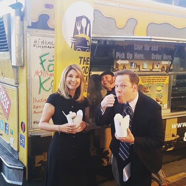News reporters sampling food from a Food Truck League catering truck at a live event
