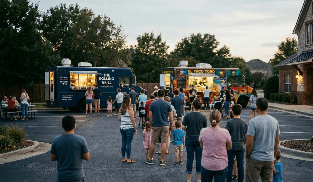 Families walking toward food trucks in a suburban HOA parking lot at dusk during a community food truck night