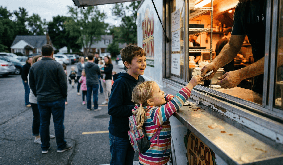Child ordering food directly from a food truck vendor at a neighborhood HOA community event