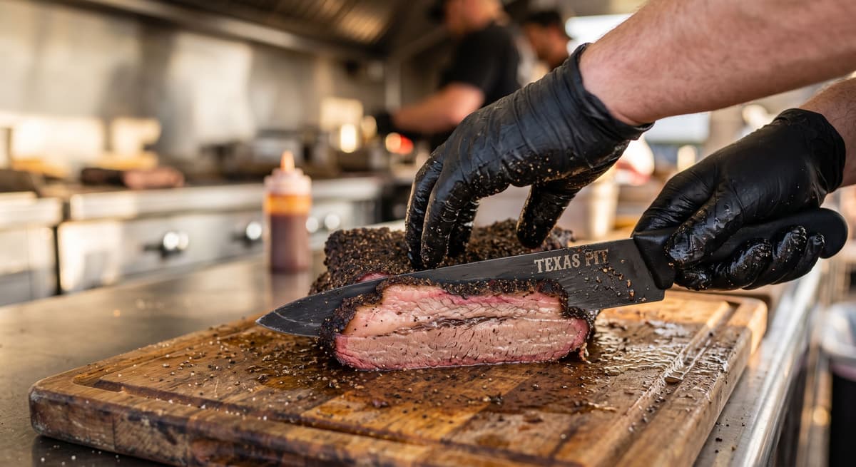 Sliced smoked brisket with pink smoke ring at a BBQ food truck