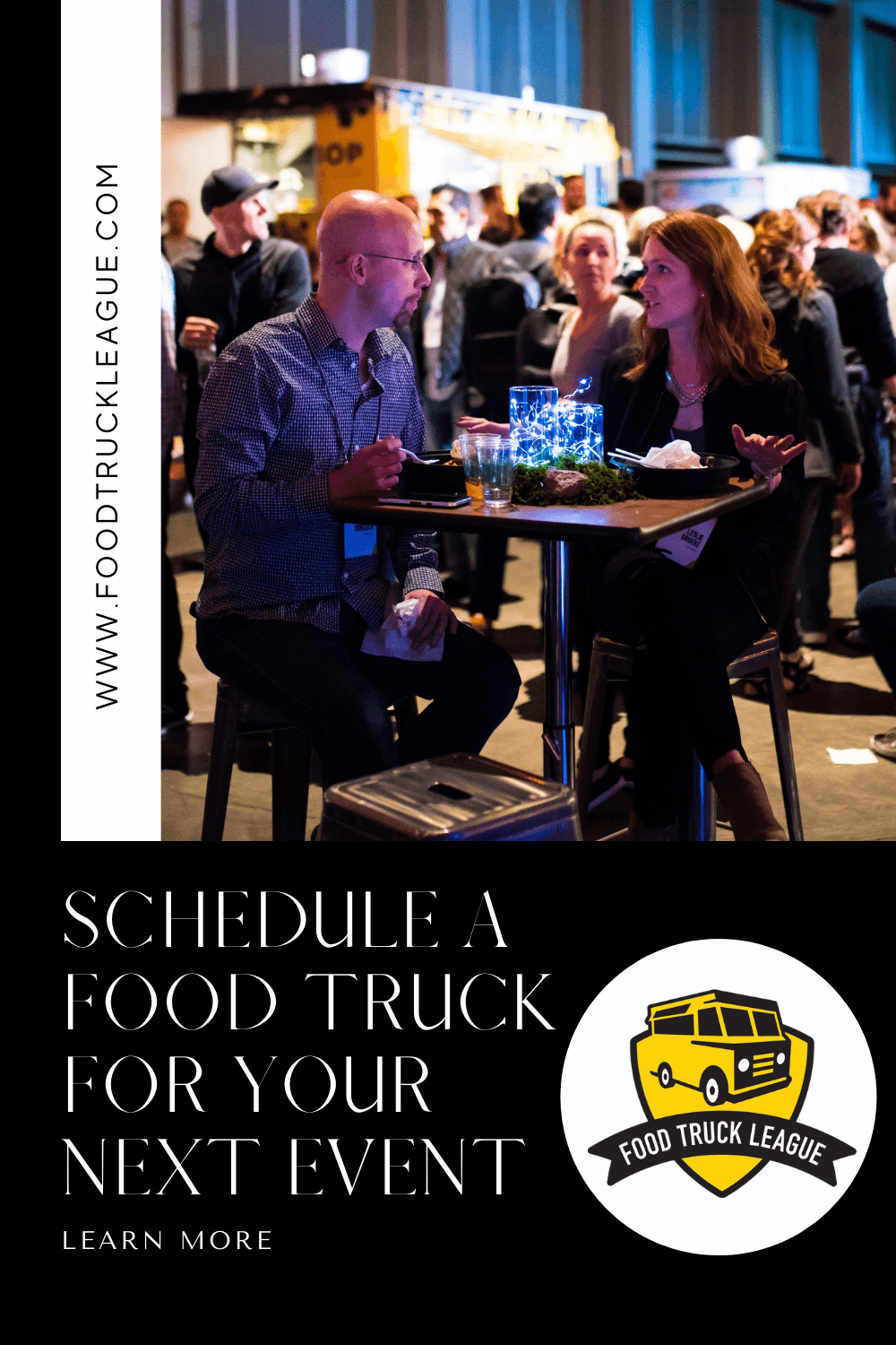 Guests mingling and dining at a food truck catering event coordinated by Food Truck League
