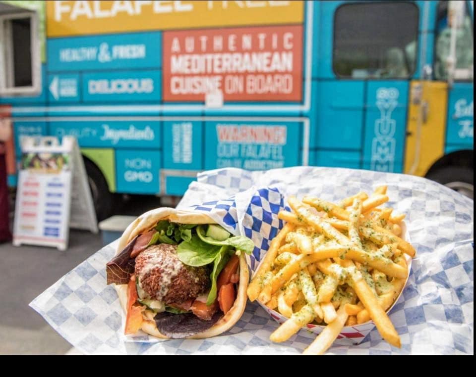 Falafel wrap and herb fries served at a corporate food truck catering event by Falafel Tree
