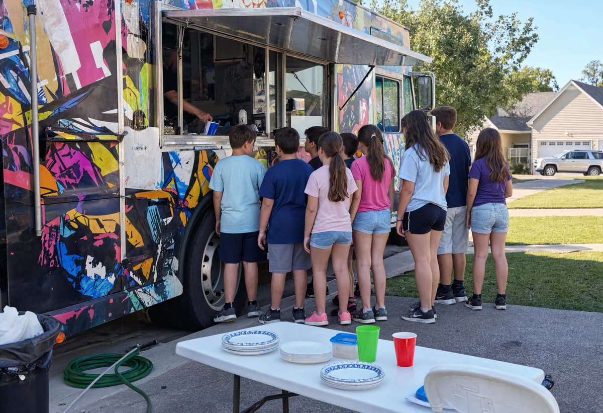 Kids lined up at a food truck rental during a backyard birthday party