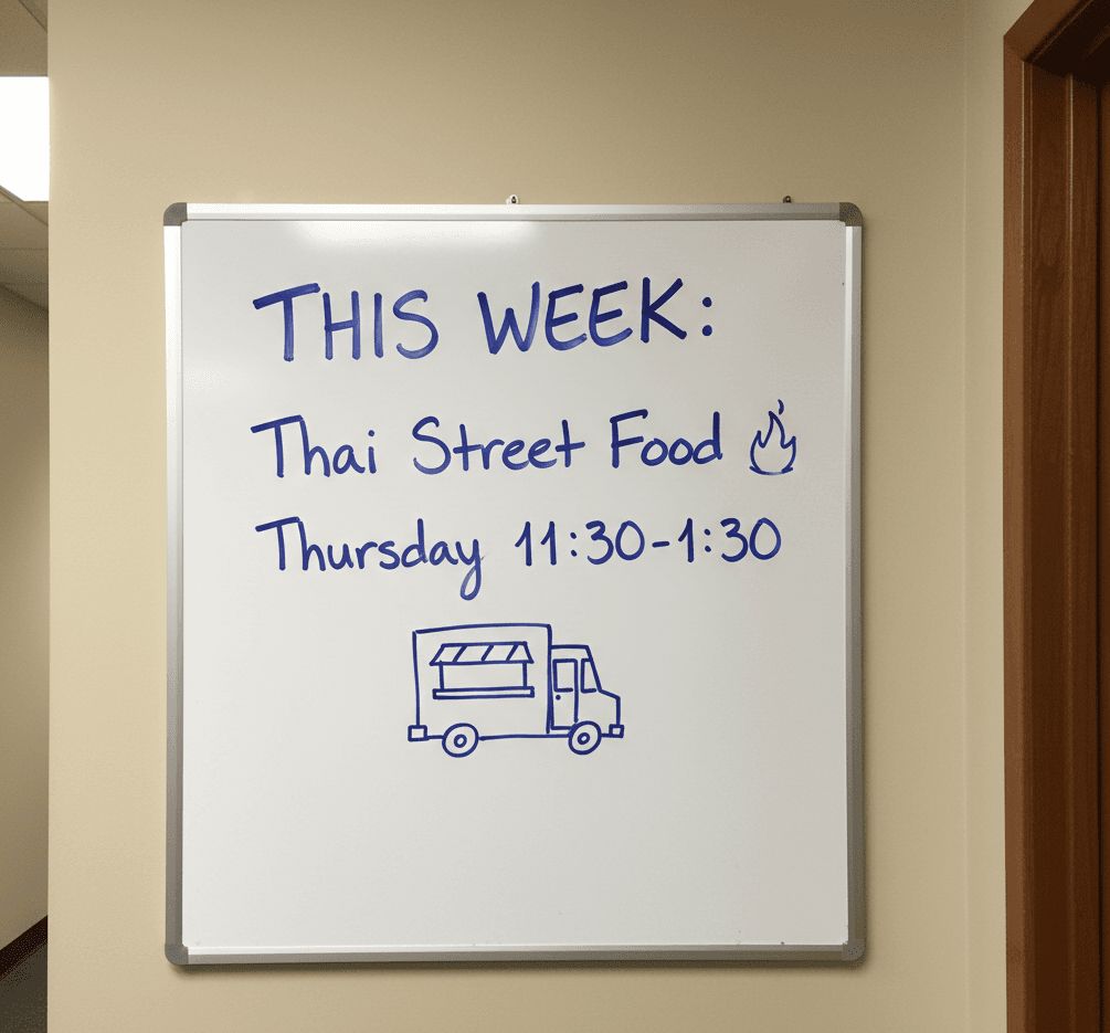 Office lunch schedule sign showing weekly food truck visit on Thursday