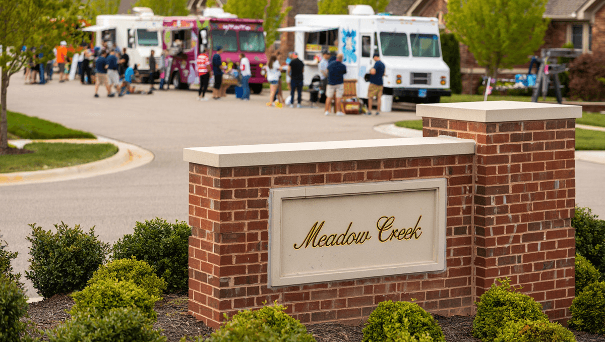 Residents gathering at a recurring HOA food truck night in a suburban neighborhood community parking lot